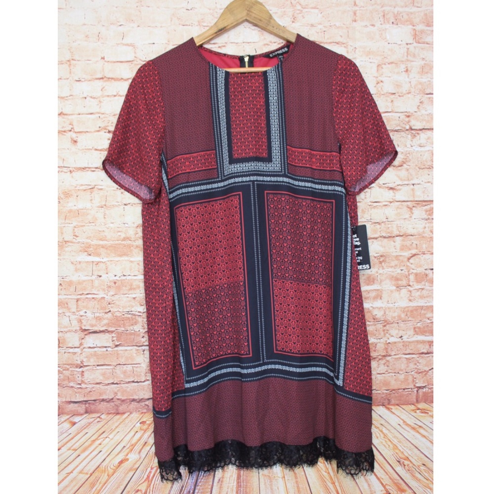 Express | Multi Pattern Shift Dress Black/Red NWT - image 1